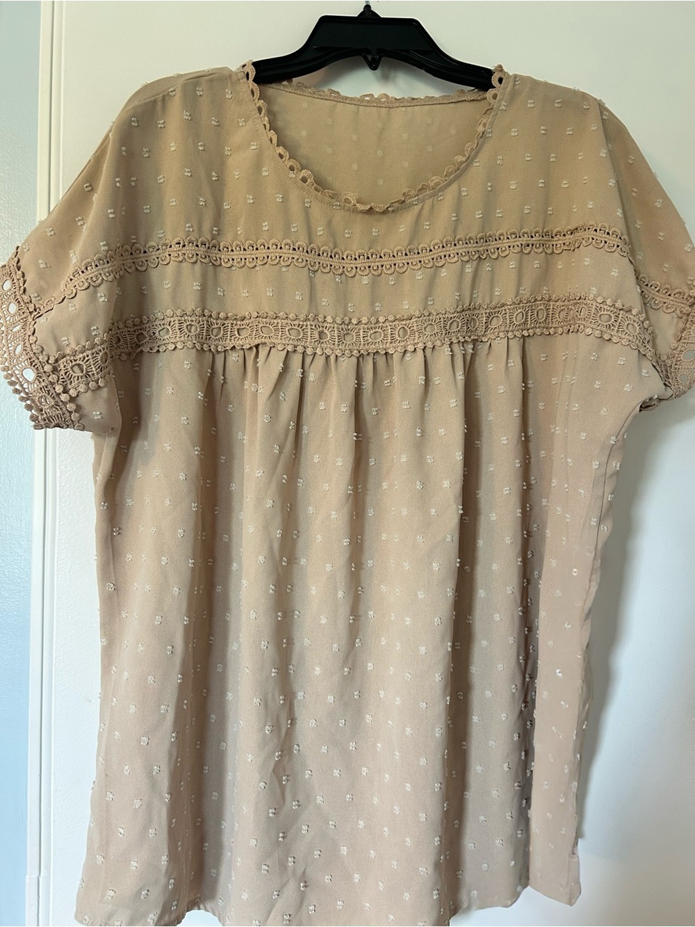 Beige Swiss Dot Crochet Trim Blouse